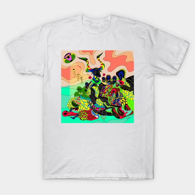 business of witches and aliens and undead zombies ecopop art T-Shirt by jorge_lebeau